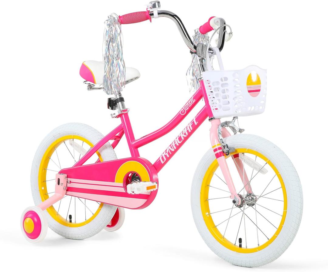 Dynacraft Sunset 16, 18, 20 Inch Kids Bike, Girls Bike With Training Wheels or Kickstand, Easy Assembly Kids Bicycle, Bicycle for Kids, Bike for 5 Year Old Girl, Pink or Teal Bike With Training Wheels