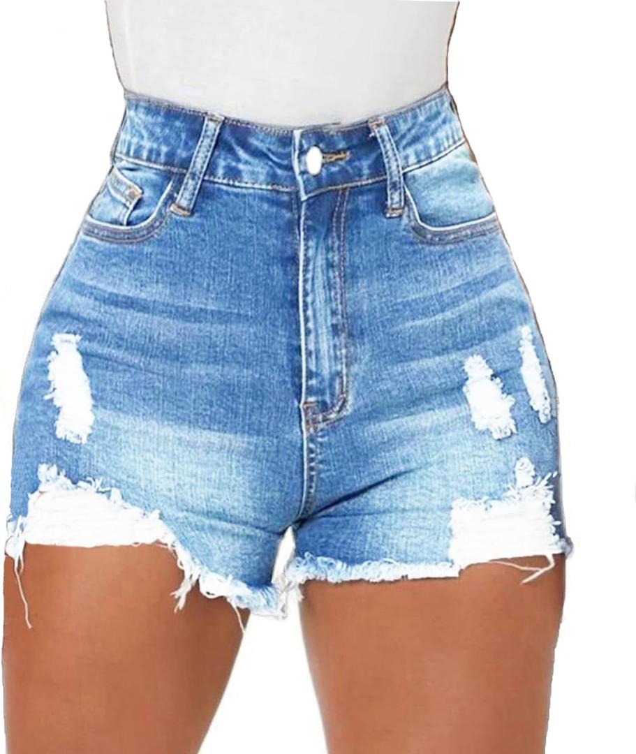 Women High Waisted Skinny Stretchy Denim Shorts Casual Summer Frayed Raw Hem Distressed Ripped Short Jeans (Large, Light Blue 2)