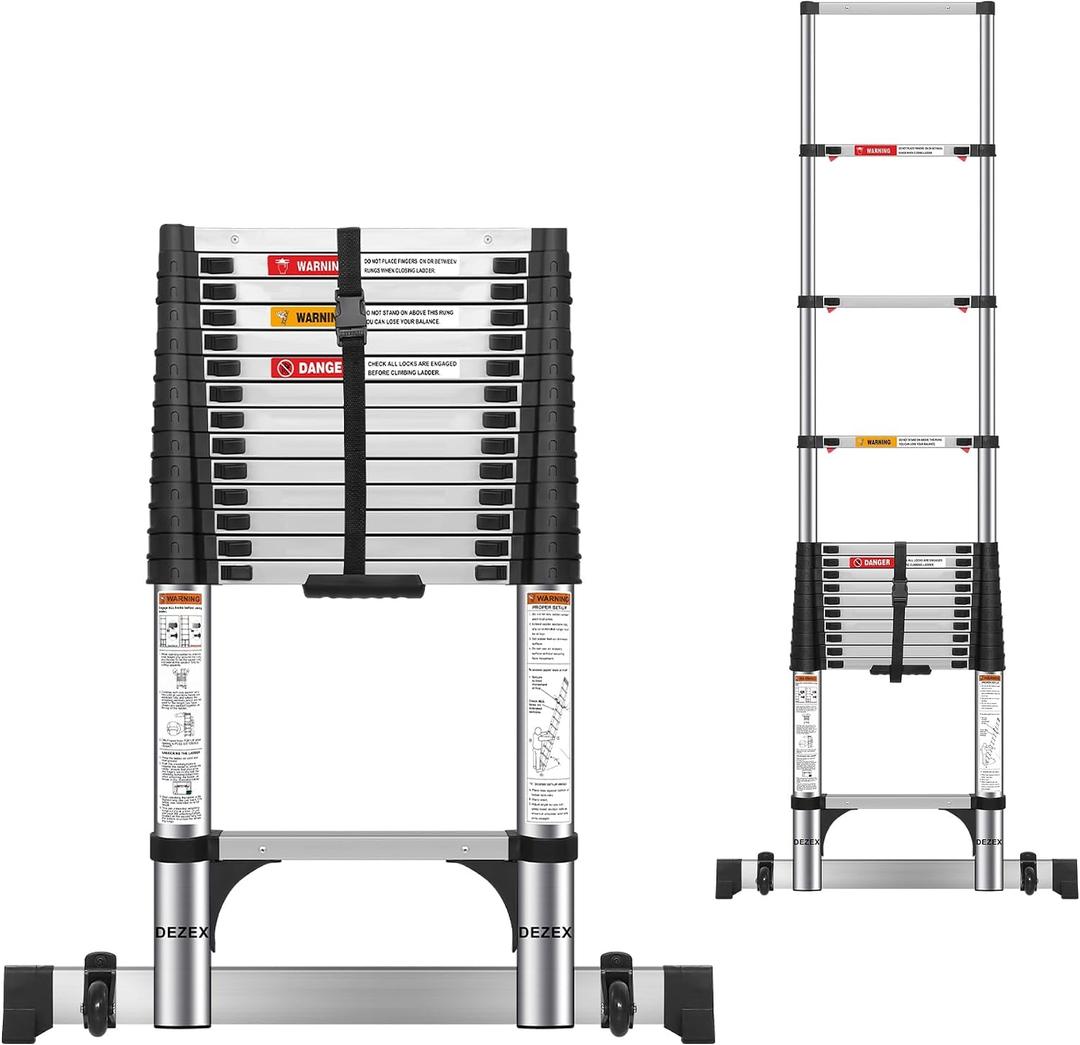 DEZEX 16.5 FT Stainless Steel Telescoping Ladder - One-Button Retraction Collapsible Extension Ladder for Home, RV, Attic, 330 LBS Capacity