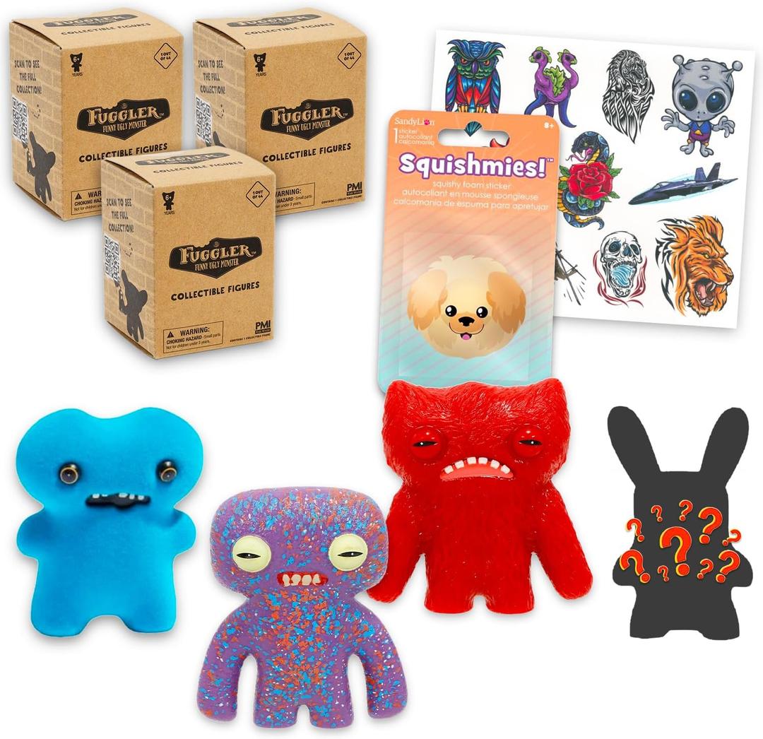 Fuggler Plushies Blind Box Set for Girls - Bundle 3 Fuggler Figures, Plus Sticker & More | Funny Ugly Mystery Plush Set for Boys, Kids