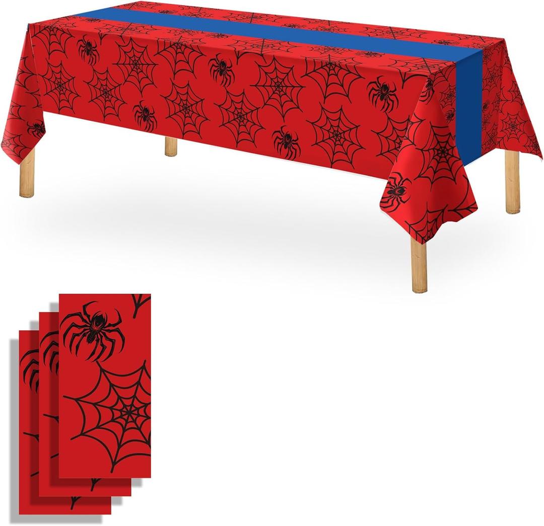 OQOQ Spider Birthday Party Tablecloth (3 Packs), 108x54 inches Red Blue Spider Web Plastic Disposable Table Cover Rectangular Tablecloth for Boys Birthday Party Decorations Supplies