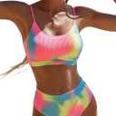 Limeeke Women's High Waisted Bikini Sets Ribbed Textured Scoop Neck Swimsuit Adjustable Strap Two Piece Bathing Suit (Large, Rainbow Tie Dye)