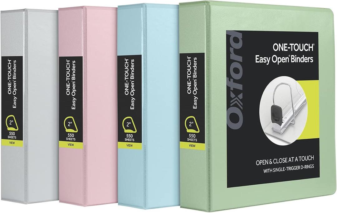 Oxford 3 Ring Binders, 2 inch ONE-Touch Easy Open D Rings, 3-Sided View Binder Covers, Binders for School, Xtralife Hinge, Non-Stick, PVC-Free, Natural Pastel, 530-Sheet Capacity, 4 Pack (79923)