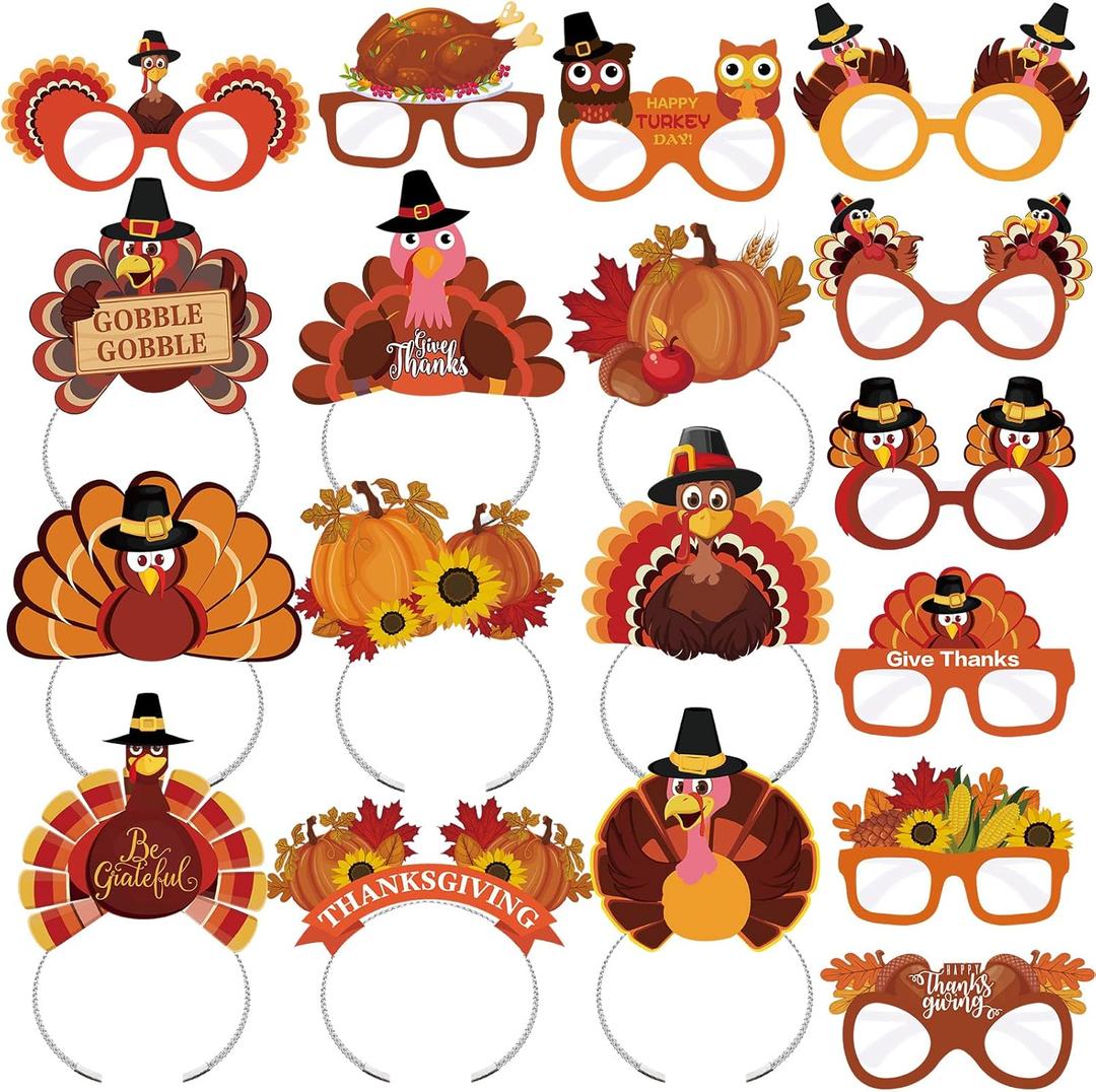 BBTO 18 Pcs Thanksgiving Party Supply Thanksgiving Eyeglasses Turkey Headbands Turkey Eyewear Frame Pumpkin Photo Props for Adults Fall Harvest Party Decoration Accessories