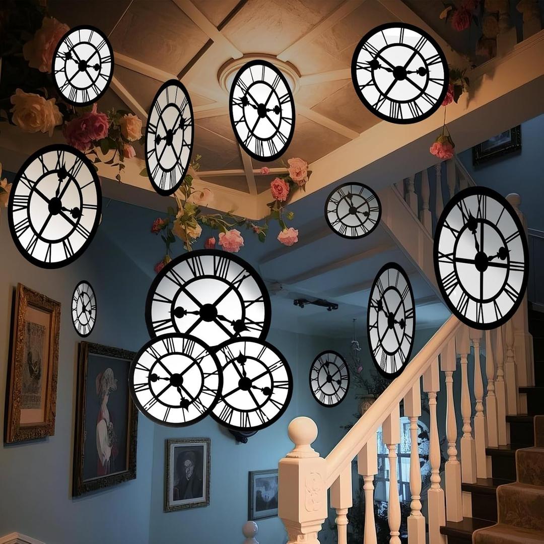 Soulchen 20 Pcs Wonderland Tea Party Decoration Clock Hanging Banner Wonderland Garland Baby Shower Decoration Curious Clock Background for Birthday Baby Shower Party Supplies