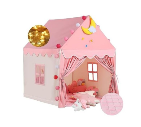 Wilwolfer Kid Tent with Mat, Star Lights - Kids Play Tents for Toddlers Kids Tents Indoor Playhouse - Princess Tent for Girls Toy House Gift (Pink with Cloth)