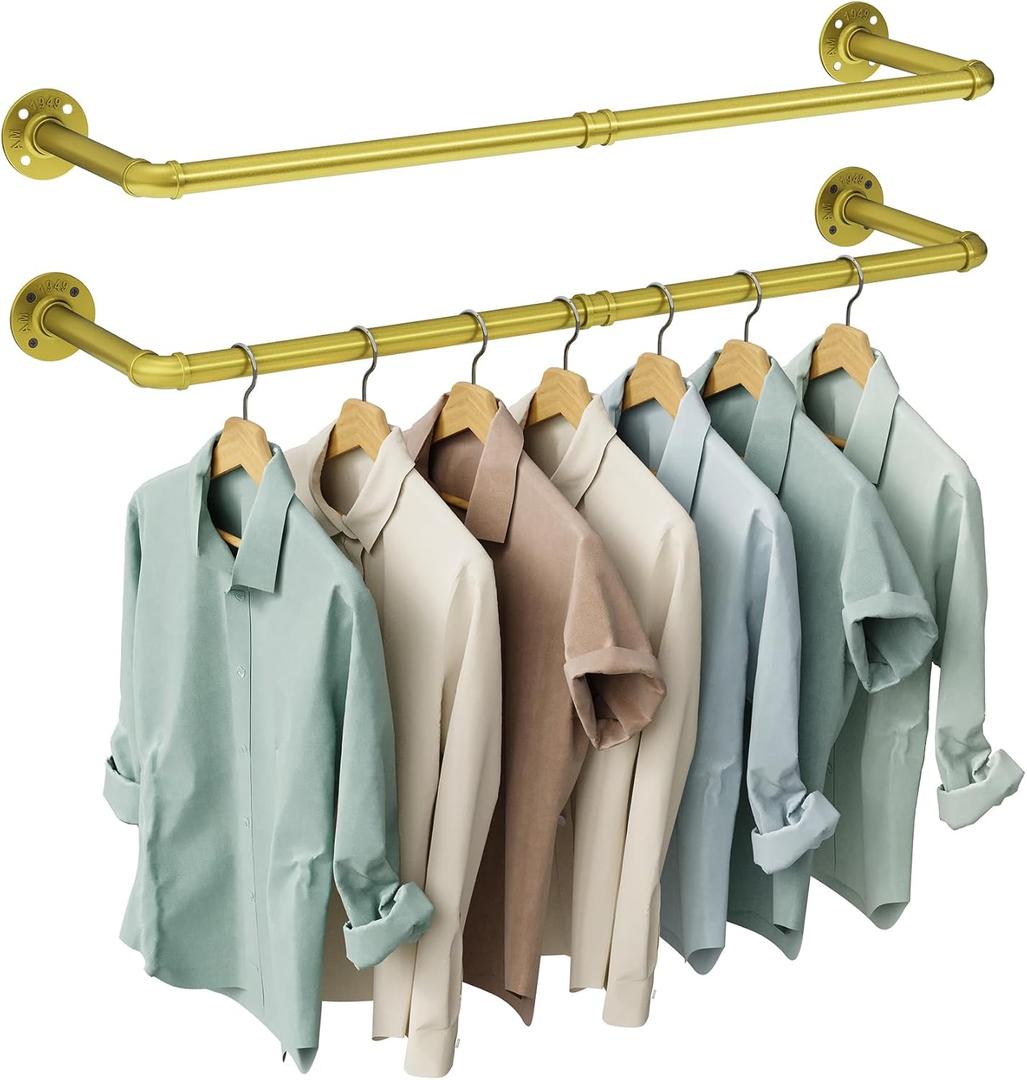 OROPY Industrial Pipe Clothes Rack Wall Mounted Set of 2, 38.4 inches Heavy Duty Iron Pipe Clothing Garment Rail, Multi-Purpose Clothing Hanging Rod for Laundry Room and Closet Storage, Gold