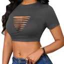 Remidoo Women's Sexy Lace Up Crop Top Short Sleeve Cropped T Shirt Cutout Graphic Tee (XL)