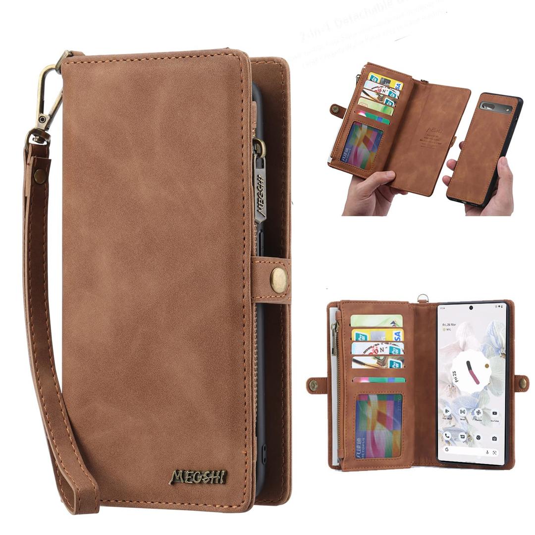 2 x Simicoo Pixel 8 Wallet case, Pixel 8 Flip Leather case Card Slots Holder Zipper Purse Detachable Magnetic Cover Hand Strap Cash Pocket Pouch Wallet for Woman Man (Brown)