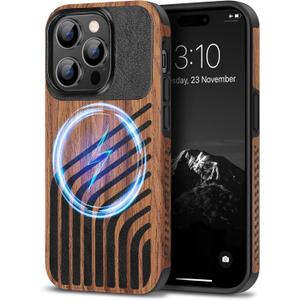 TENDLIN Magnetic Case Compatible with iPhone 14 Pro Max Case Wood Grain with Carbon Fiber Texture Design Leather Hybrid Slim Cover (Compatible with MagSafe) Hairline