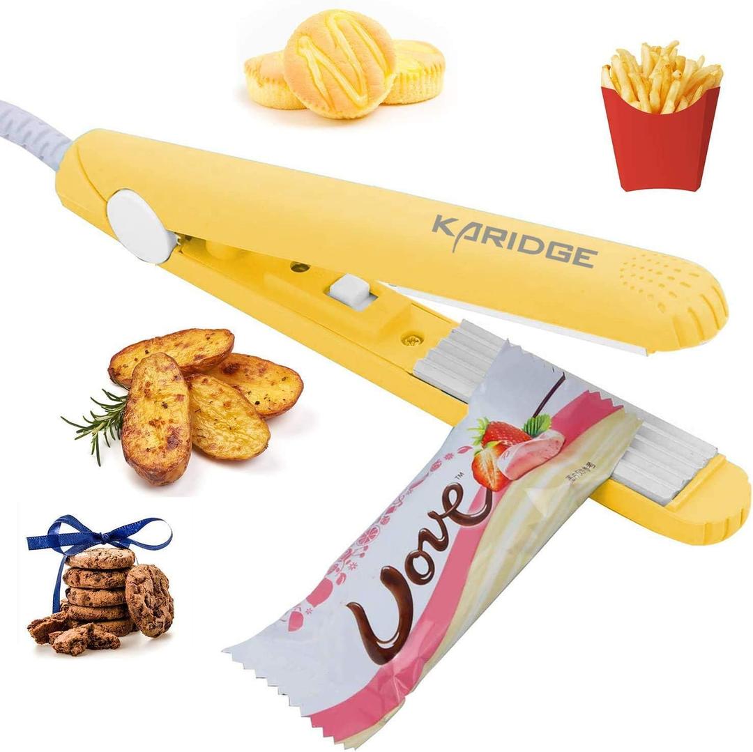 2 x Potato Chips Bag Sealer Clip Kitchen Gadgets, Food Sealer Reusable Heat Sealer for Snacks Storage Portable Sealing Machine works with Plastic Bag, Candy Bag, Cookie Bag, Foil Bag, Color Street Nail (Yellow)