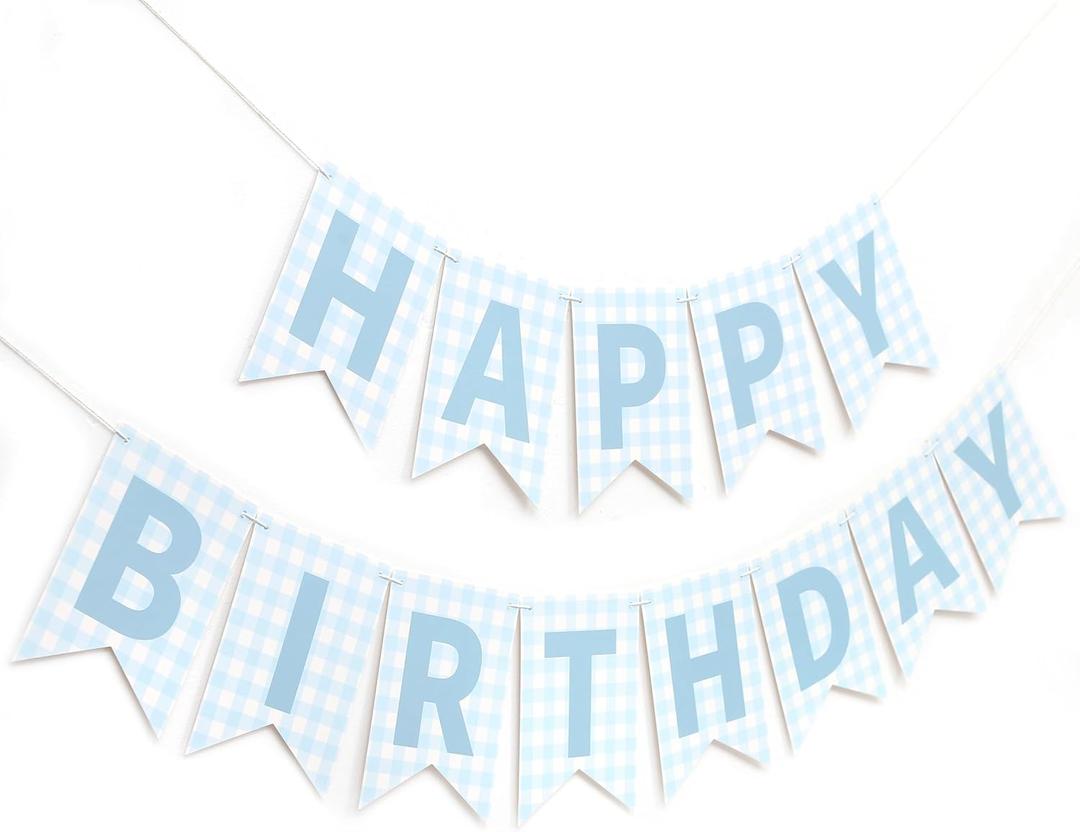 Blue Gingham Happy Birthday Banner - Blue Gingham First Paty Decoration,Happy 1st Birthday Banner