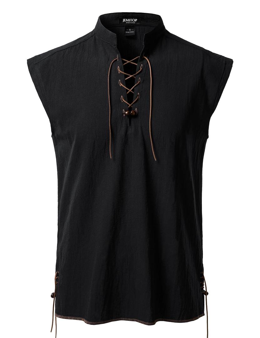 JEMITOP Men's Retro Pure Cotton Lace Up Sleeveless Shirts for Pirate Renaissance Medieval Viking Costume 3XL