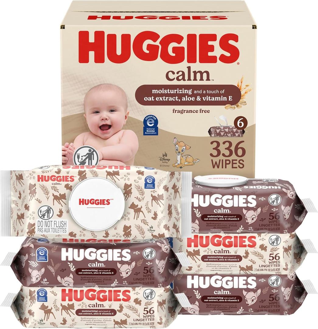 Huggies Calm Baby Wipes, Unscented, Hypoallergenic, 6 Push Button Packs (336 Wipes Total) 