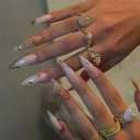 RUOKEXIN Long Stiletto Press on Nails French Tip Fake Nails White Ombre False Nails with Gold 3D Flower Designs Almond Nail Press ons Fall Sparkly Acrylic Artificial Nails for Women 24Pcs