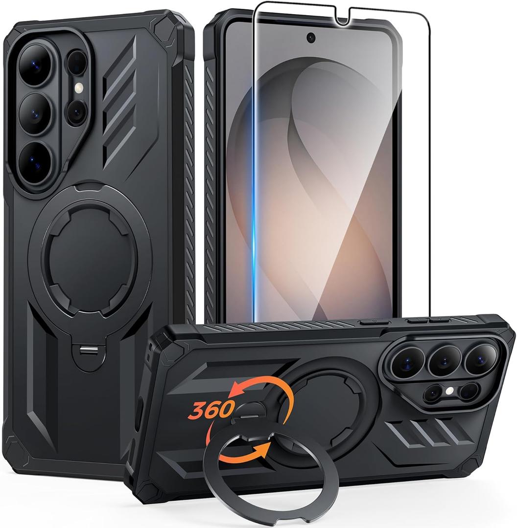 FNTCASE for Samsung Galaxy S26-Ultra Case: [360 Spin Magnetic Ring Kickstand] [Compatible for MagSafe] [Screen Protector] Heavy Duty Military Grade Protection Protective Phone Case with Stand Black