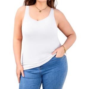 V FOR CITY Women Plus Size Tank Tops with Built-in Padded Bra Adjustable Strap V-Neck Camisole Cotton Cami Shirts 1X-4X (2X, White)