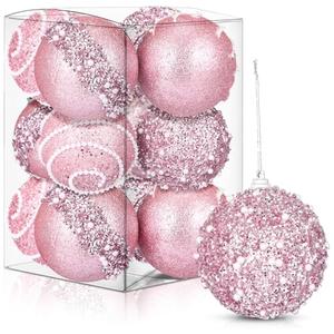 Liliful 12 Pcs Christmas Ball Ornaments Christmas Tree Decorations Shatterproof Foam Glitter Balls Hanging Xmas Tree Ornaments for Home New Year Holiday Indoor Outdoor Party Decor(Pink,3.54 Inch)