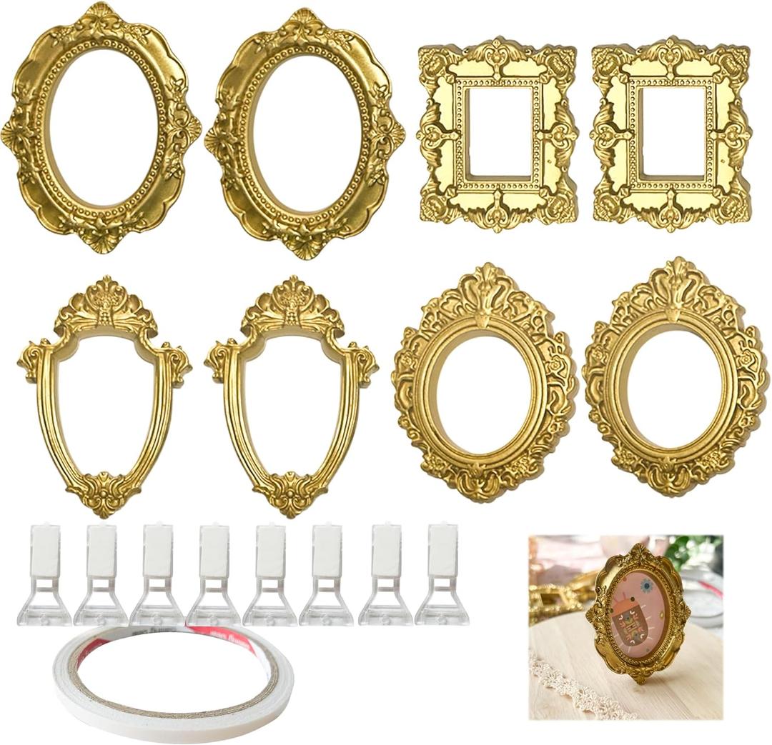 8Set Mini Gold Frames - Vintage Resin Picture DIY Small Display Frames with Double-Sided Tape and 8pcs Holder Photography Resin Photo Frame for Decoration