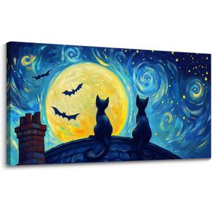 CHATYOUNG Large Living Room Wall Art, Abstract Starry Night Cat Animal Canvas Prints Dark Blue Wall Pictures Ready to Hang Bedroom Kitchen Hallway Home Office Artwork Painting Decor 29x58 IN (58L" x 29W")