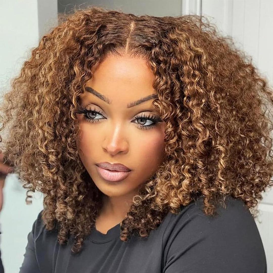 14 Inch Highlight Ombre Culry Bob Wig Human Hair 13x4 Deep Curly Human Hair Wig 200% Density HD Lace Front Wigs Human Hair for Women Pre Plucked Glueless Bob Wigs 4/27
