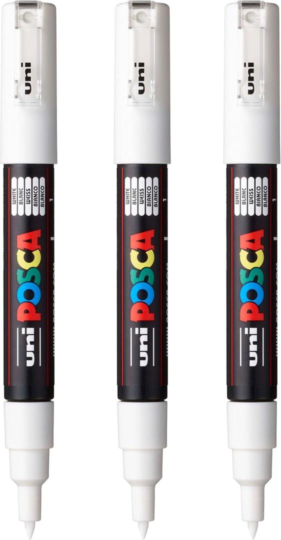 posca PC-1M Water-Based Paint Markers, Extra Fine Tip (0.7mm), White, 3 Count