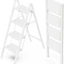 WOA WOA 4 Step Ladder, Folding Step Stool with Wide Pedals, Sturdy Steel Ladders with Anti-Slip Feet, Compact Kitchen Stepping Stool, Supports up to 330 lbs - White
