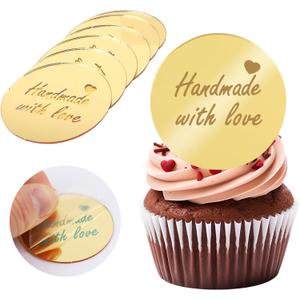 2 x 20Pcs Gold Handmade Cupcake Topper Acrylic Mirror Handmade Tags for Mother's Gift Gift Decorations Birthday Thanksgiving Party Favors Round Tags Decorations for Teacher Appreciation DIY Crafts