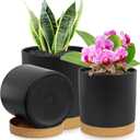 3 Pack 6/5/4 inch Cylindrical Flower Pots, Modern Small Round Plastic Plant Pots with Drainage Holes & Saucers, Clean and Refined Planter Pots for Outdoor, Indoor & Office Decor (Black Brown)