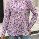 Womens Long Sleeve Button Down Up Shirt Floral Boho Early Fall Clothes Pleated Green Leaves Crewneck Top Work Blouses (Purple)
