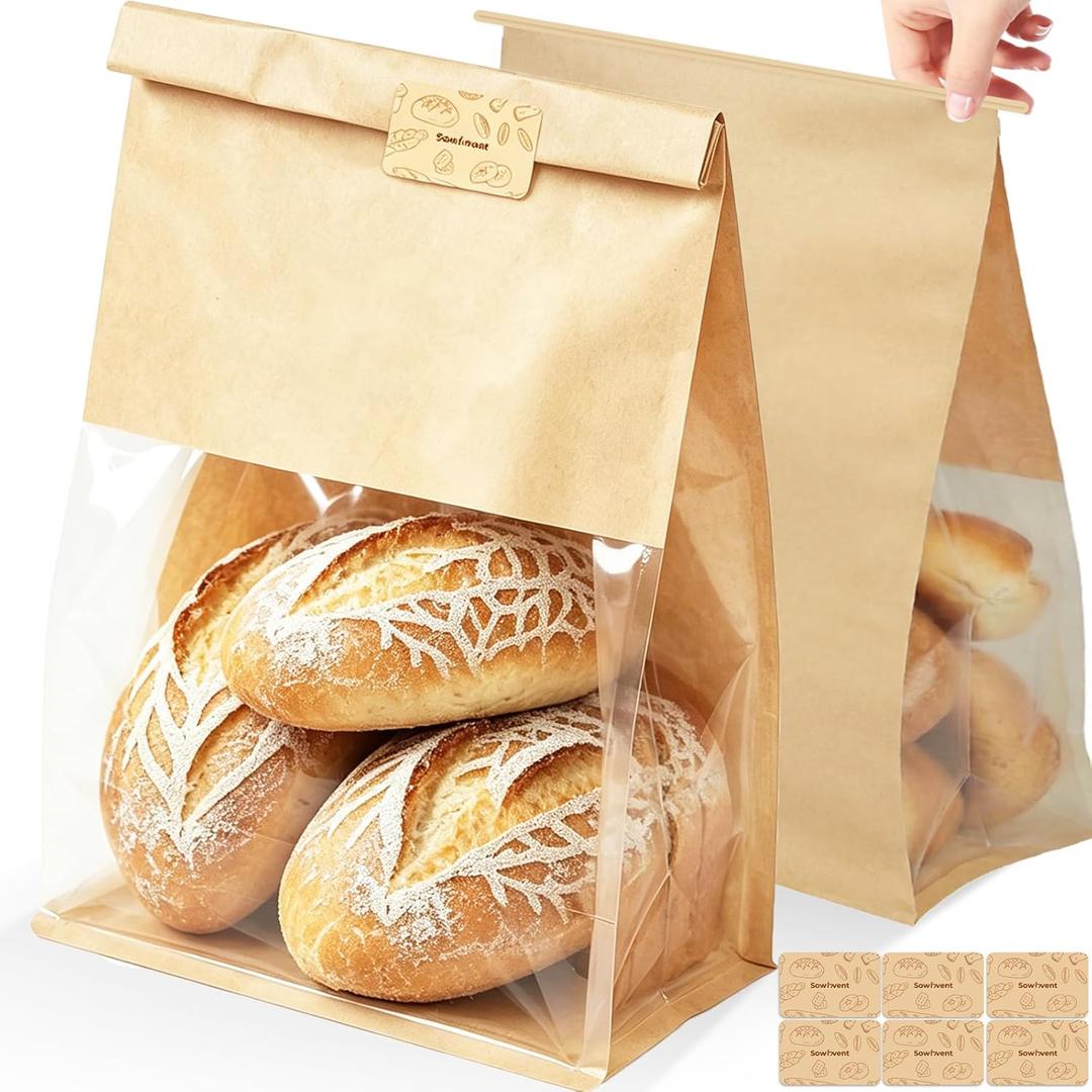Extra Large Bread Bags for Homemade, 100 Count, 50% Thicker Sourdough Paper With Ties, 15.7*10.2*5.1 in, Tin Tie Tab Lock Bakery Bags With Window and Sealing Stickers for Storage Packaging Gifting
