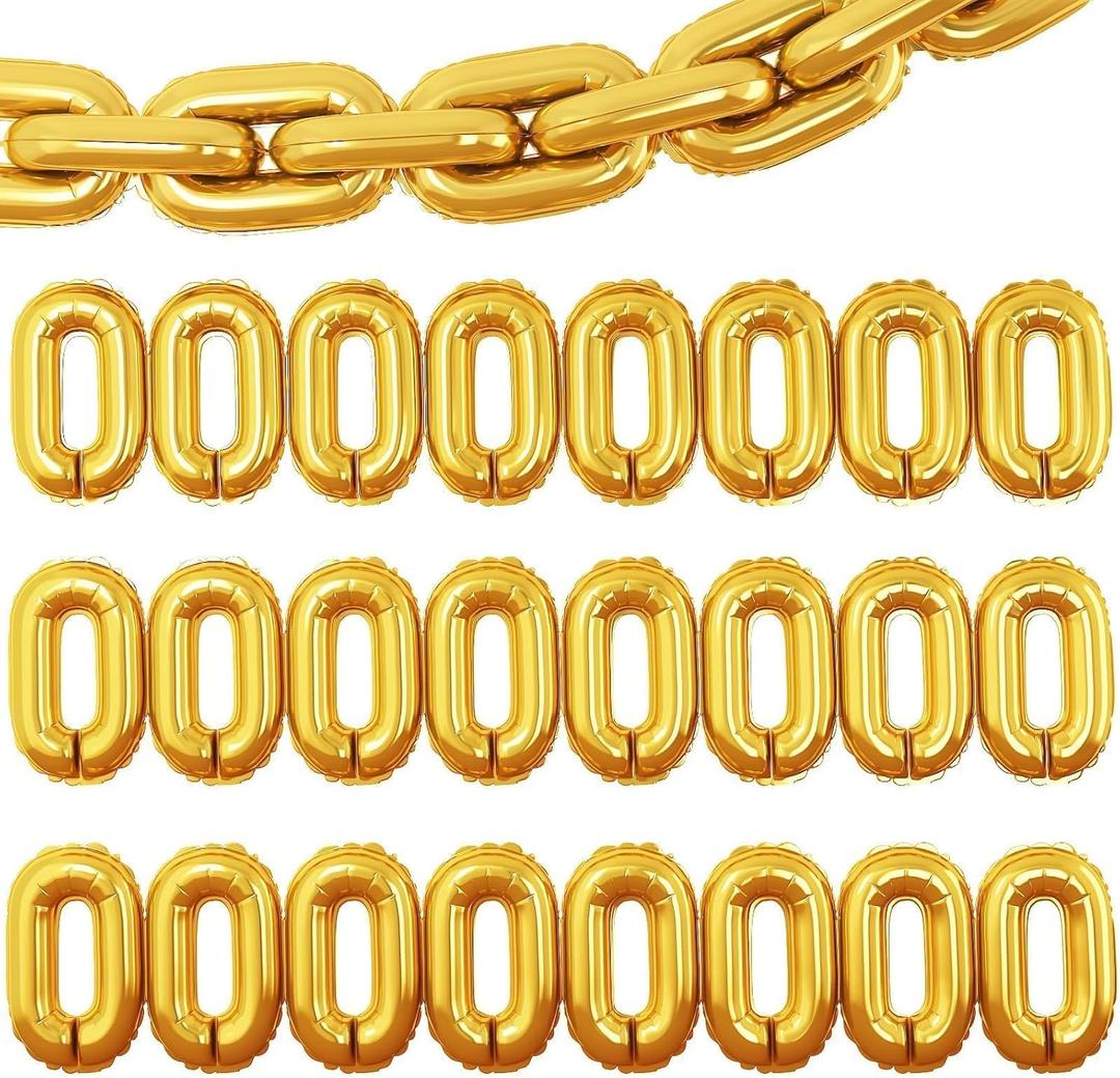 Gold Foil Chain Balloons, 24PCS Giant Chain Balloon Garland for 80s 90s Hip Hop Party Decorations, Jumbo Chain Link Balloons for Retro Theme Birthdays Graduations Weddings Arch Supplies (16inch)