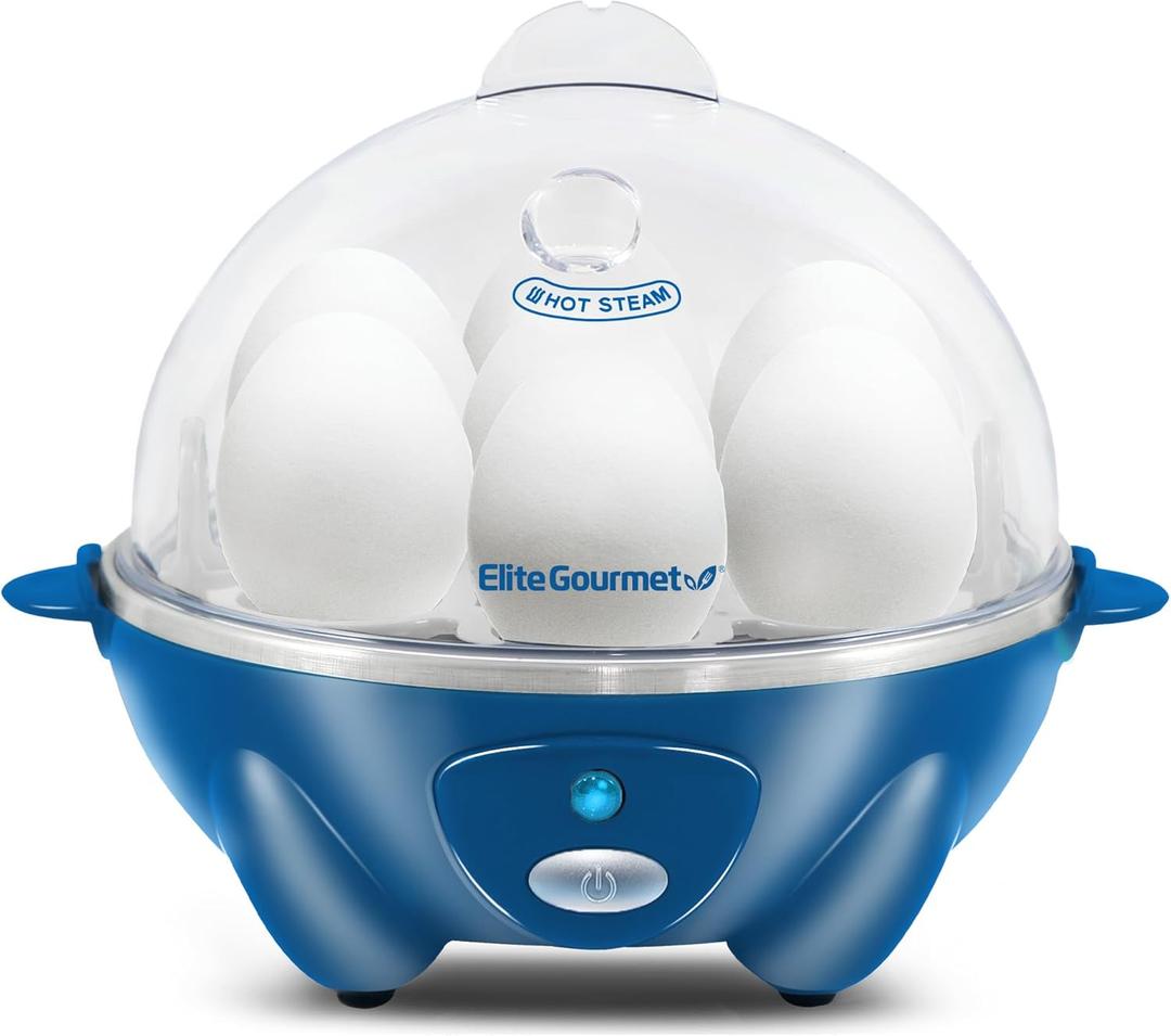 Elite Gourmet EGC700BL# Rapid Egg Cooker, 7 Easy-To-Peel, Hard, Medium, Soft Boiled Eggs, Poacher, Omelet Maker, Auto Shut-Off, Alarm, 16-Recipe Booklet, BPA-Free, Ocean