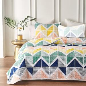 Quilt Set for Summer 2 Piece Reversible Colorful Quilt Set Twin Size with Navy Dark Green Orange Yellow Cubes Microfiber Lightweight Cool Breathable Bedding Coverlet Set Bedspread for All Season