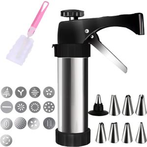 Cookie Press, Spritz Cookie Press for Baking, Stainless Steel Cookies Press Gun Kit with 8 Icing Tips and 13 Cookies Discs for DIY Biscuit Maker and Decoration (Black)