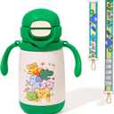 PHEENOWL 13oz Kids Insulated Water Bottle, 2-in-1 Straw & Spout Lid, with Shoulder Strap and Handle, 316 Stainless Steel Water Bottle for Toddler, Sports, Travel, and School (Green - Animals)