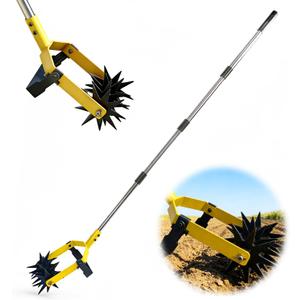 2-in-1 Garden Rotary Cultivator Tool Adjustable Handle Lawn Tools Hand Rotary Tiller for Loosening Soil and Lawn Care, Reseeding Grass, Weeder, Soil Mixing, Manual Yard Tiller