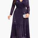 ZOMVA Plus Size Sparkly Maxi Dress V-Neck Wrap Long Sleeve A-Line Glitter Mesh Gown Wedding Guest Cocktail Evening Party 1XL