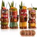 Cocktail Tiki Mugs Set Of 4 - Exotic Mug With 4 Coasters And 4 StrawsCute Ceramic Hawaiian Style Cocktail Glasses For Party And Tropical Tiki BarMai Tai Drinkware (Glossy)