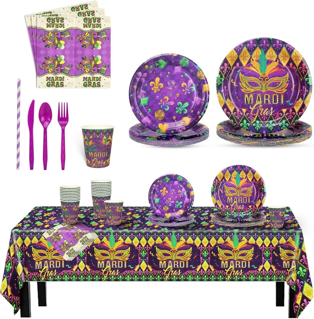 Mardi Gras Party Supplies Disposable New Orleans Party Tableware Set includes Mardi Gras Plates Napkins Cups Tablecloth for Masquerade Carnival Fat Tuesday Decorations,Serve 20