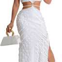 Aro Lora Womens Sexy Halter Neck Criss Cross Pleated Hollow Out Side Slit Bodycon Maxi Dress (Large, White)