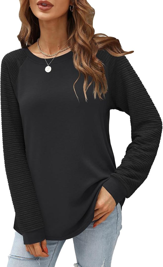 Aifer Womens Long Sleeve Shirts Crew Neck Casual Tops Fashion Loose Fit Trendy Tunic Outfits Clothes (Black, M)