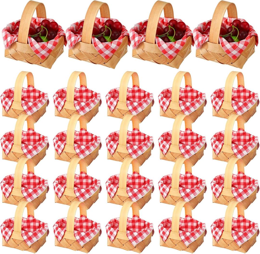 Geelin 36 Pcs Mini Woven Basket with Handle and Red White Gingham Paper Napkins Wood Chip Mini Flower Fruit Picnic Basket Chip for Easter Spring Wedding Party Gift Decoration (Small)