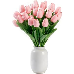 Pink Faux Tulips Real Touch (20 Pcs) - 13.5 Inch Premium PU Artificial Flowers for Valentine's Day, Spring & Easter Home Decor, Wedding Bouquet