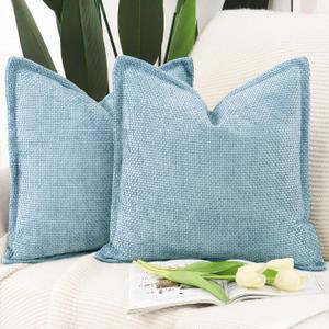 MADIZZ Decorative Chenille Velvet Throw Pillow Covers Set of 2 Soft Boho Textured Neutral Couch Throw Pillow for Bed Modern Farmhouse Home Decor for Sofa Livingroom Light Blue 20x20 Inch