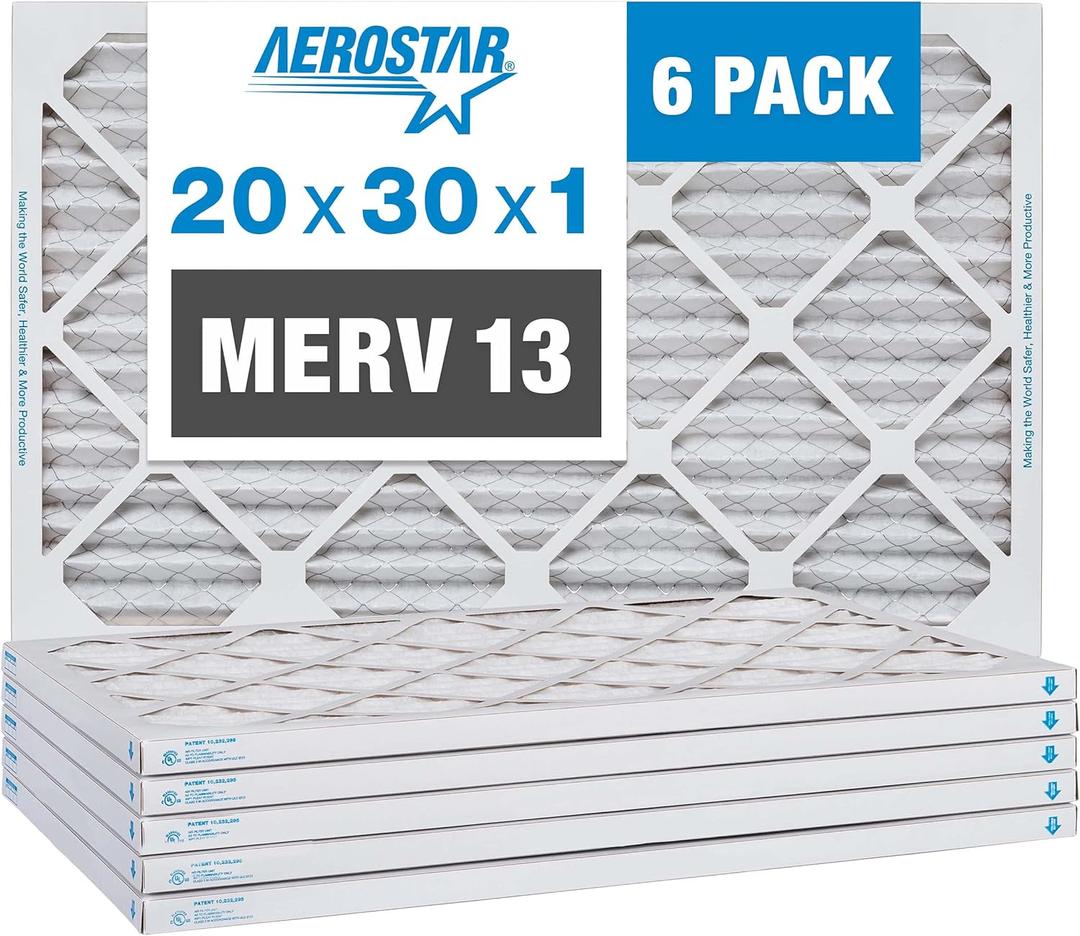Aerostar 20x30x1 MERV 13 - 6 Count - Pleated HVAC, Furnace & Air Conditioner Filters - Removes Bacteria, Dust, Cold & Flu Germs, Lint, Mold, Pet Dander, Allergy-Causing Pollen, Smog, Smoke & Viruses