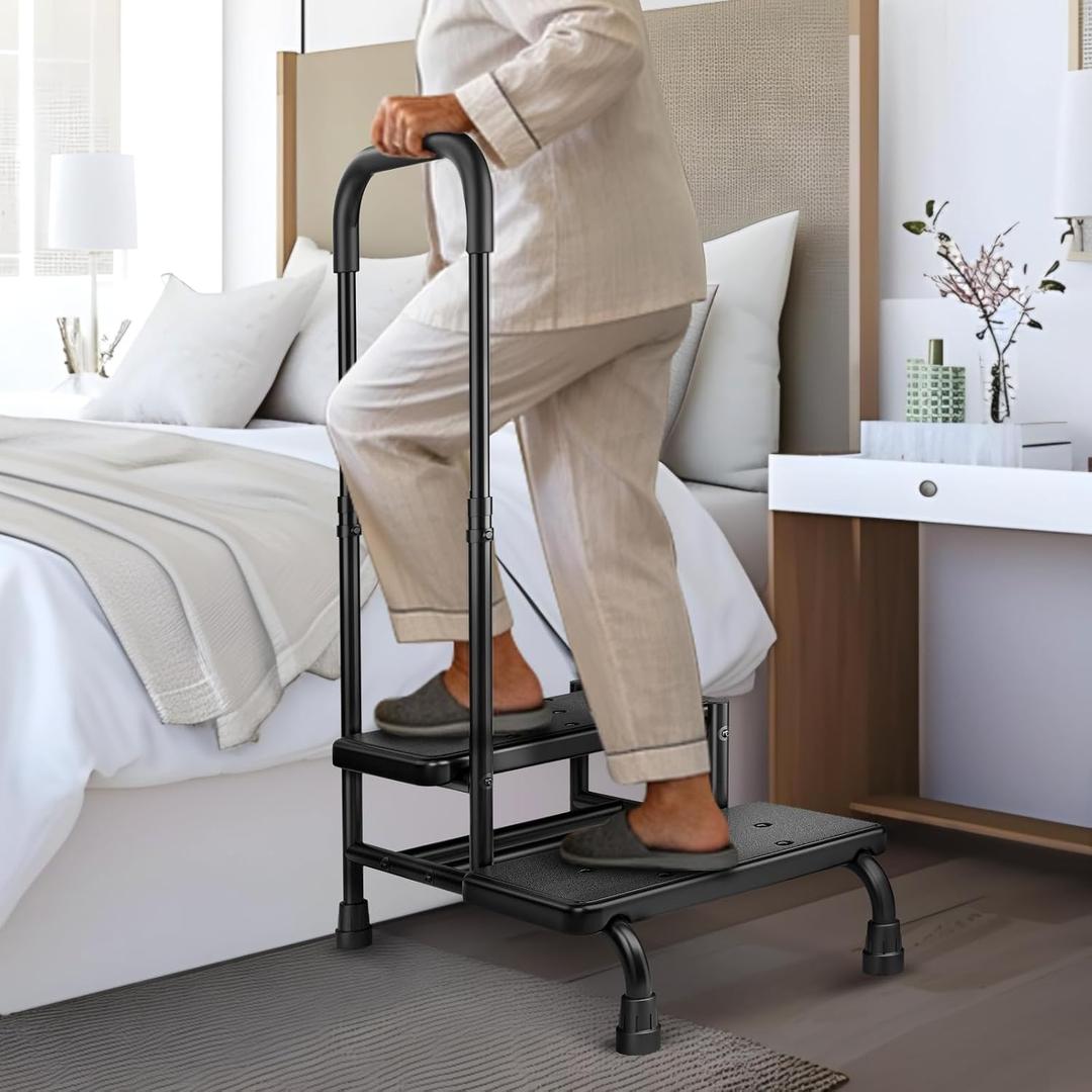 FORTEMOTUS Step Stool with Handle - Heavy Duty 2 Step Stool for Adults Elderly, Holds up to 450 lbs, Black