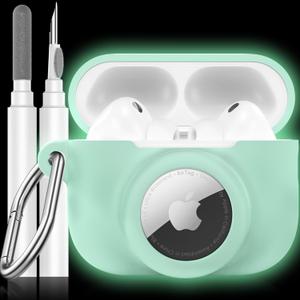 2 in 1 Silicone Case Compatible with AirPods Pro 3 and AirTag 2/1, Shockproof Protective Case Cover for AirPods Pro 3rd Generation 2025 with Cleaner Kit & Carabiner (Glow Green)