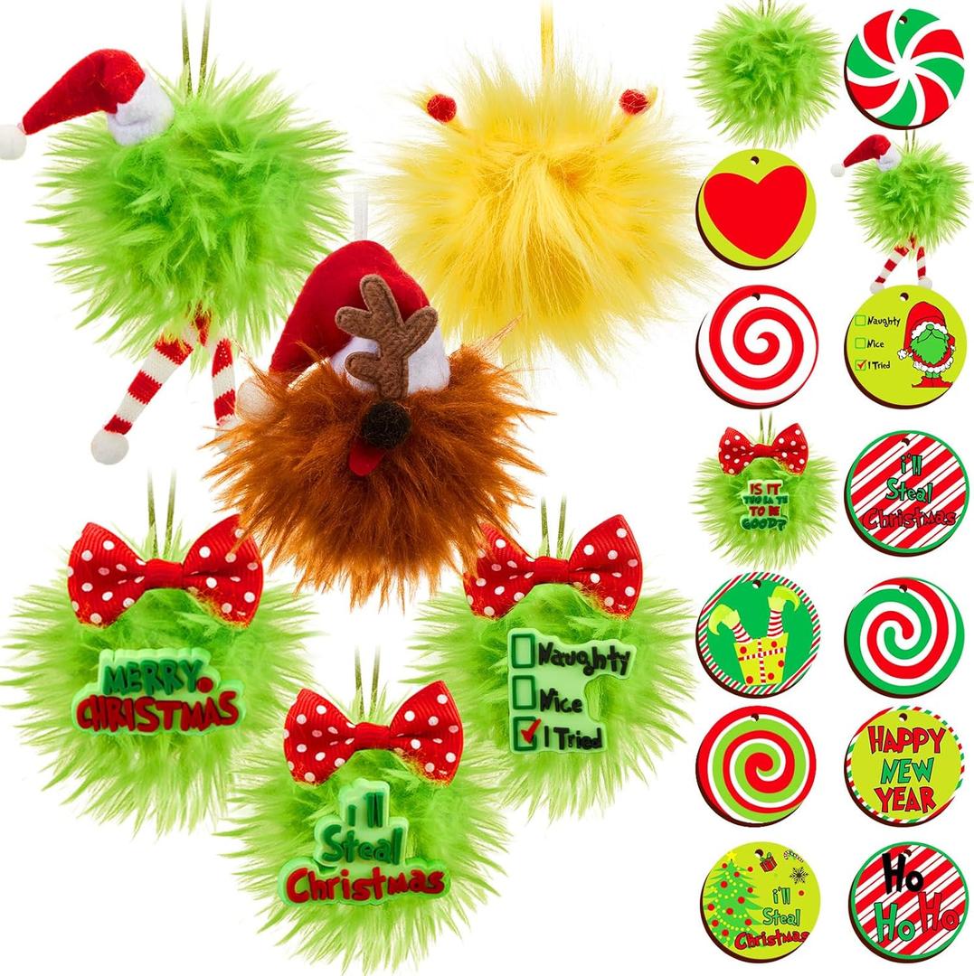 Syhood 48 Pcs Whimsical Lime Green Furry Christmas Ball Tree Ornaments Decoration Set with Faux Fur Christmas Balls Wooden Hanging Sign for Bendable Xmas Tree Holiday Party Home Decor,1.57 Inch