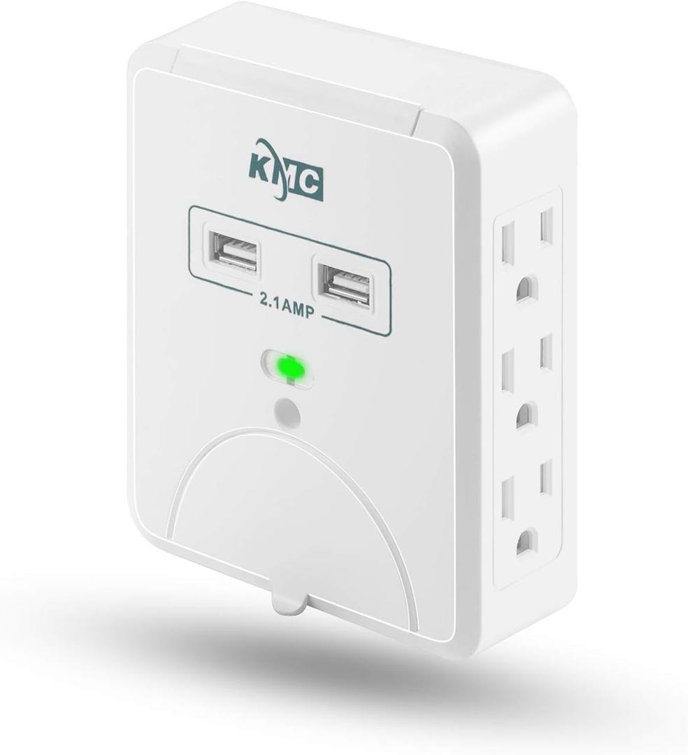 KMC Wall Surge Protector,6 Outlet Wall Mount Power Strip with 2 USB Charging Ports Total 2.4 AMP,Dual Slide-Out Smartphone Holders Design, Portable for Travel/Home/Office Use,ETL Certified (1 PACK)